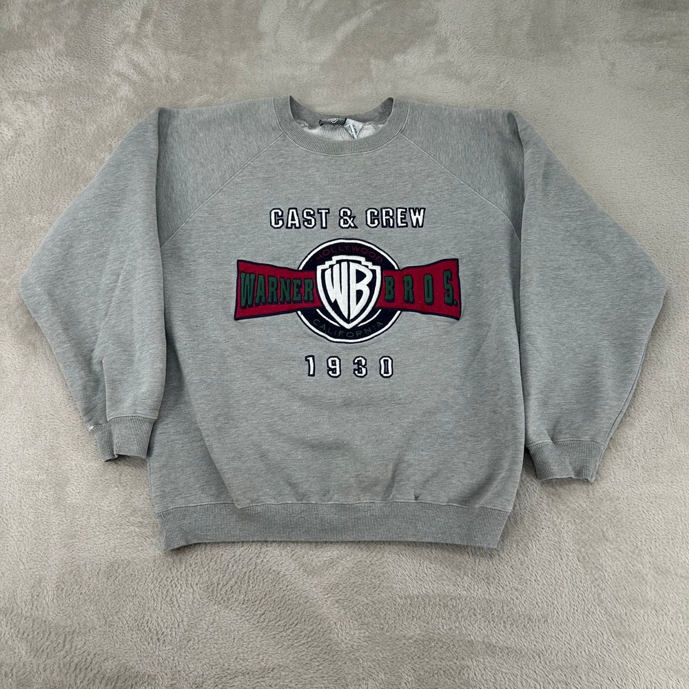 Vintage 90s Warner Bros Studio Cast & Crew 1930 Sweatshirt Mens M Gray Fleece